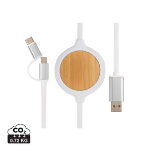 Câble 3 en 1 avec chargeur sans fil en bambou publicitaire Blanc