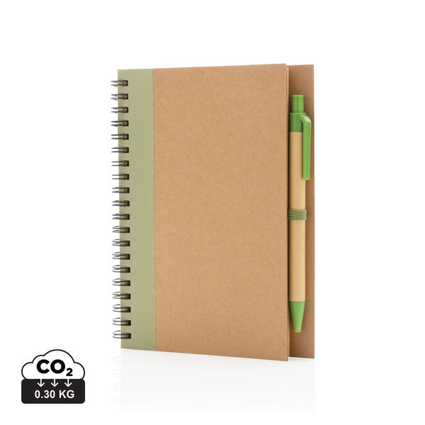 Cahier à spirales kraft avec stylo | Carnet publicitaire Vert