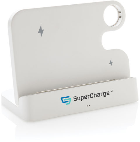 Double chargeur 15W RCS + emplacement iWatch publicitaire Blanc