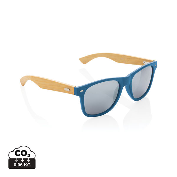 Lunettes de soleil en bambou et plastique recyclé RCS | Lunette publicitaire Bleu