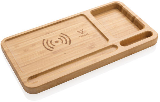 Organiseur de bureau bambou + chargeur 10W publicitaire Marron