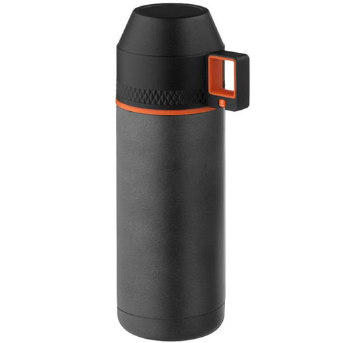 image d'une bouteille design, couleur noir et orange avec une tasse qui fait office de bouchon
