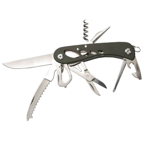 couteau noir en acier avec pleins d'outils